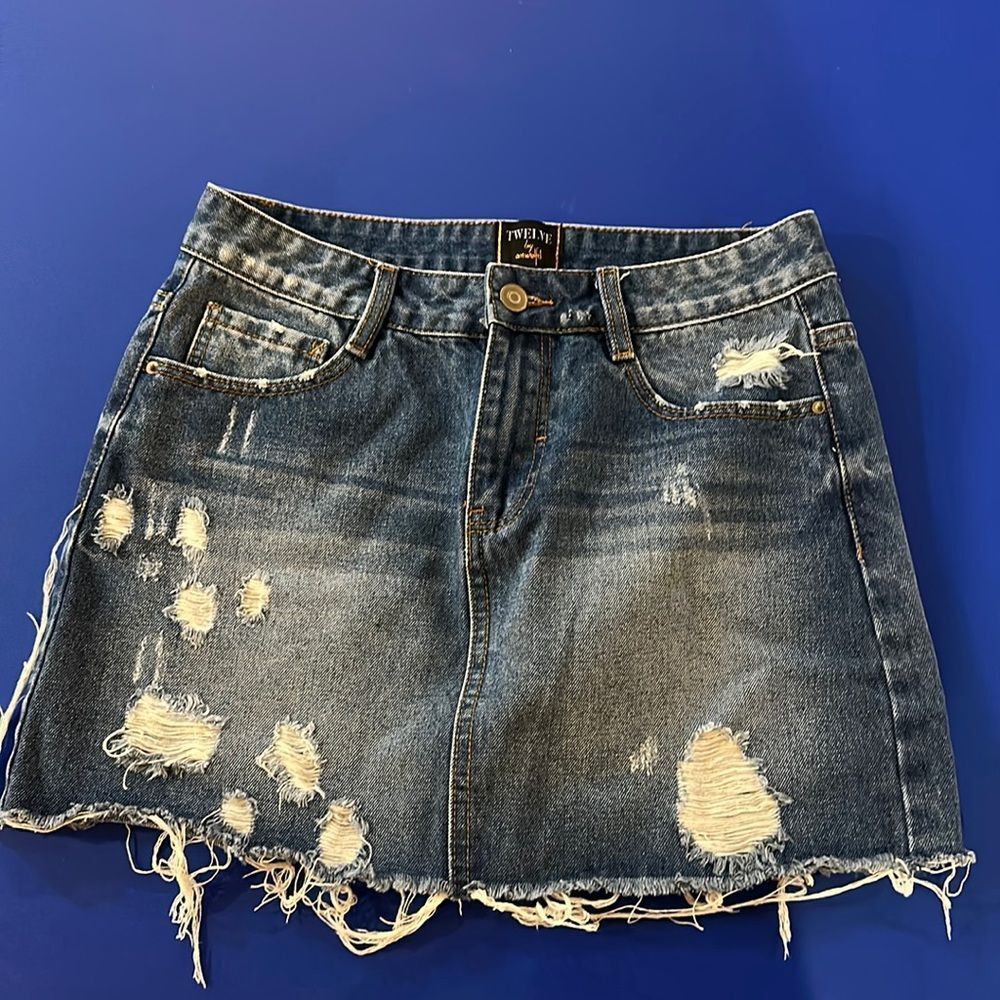 Twelve by Twelve Distressed Denim Mini Skirt - Blue
